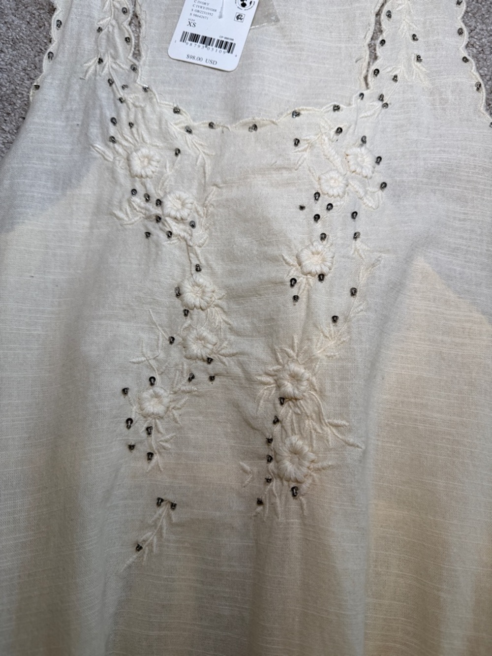 Free People Ivory Boho Tunic Top XS NWT Lace Embroidered Flowy Tank Blouse - Picture 6 of 6